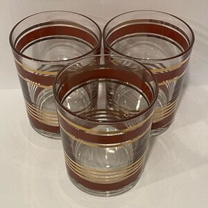 Vintage Red & Gold Striped Old Fashioned Glasses – Set of 3 | Mid-Century